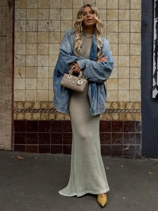 Blue Zone Planet |  Andrea's knitted long-sleeved backless see-through floor-length beach cover-up dress