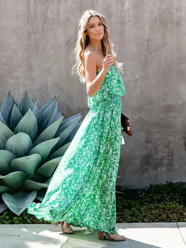 Blue Zone Planet |  Anna's botanical off-the-shoulder ruffled slit maxi dress