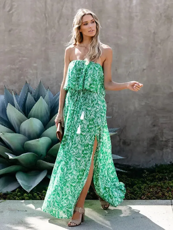 Blue Zone Planet |  Anna's botanical off-the-shoulder ruffled slit maxi dress