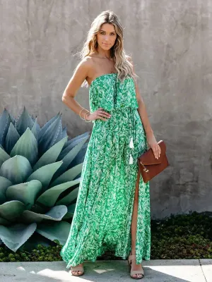 Blue Zone Planet |  Anna's botanical off-the-shoulder ruffled slit maxi dress