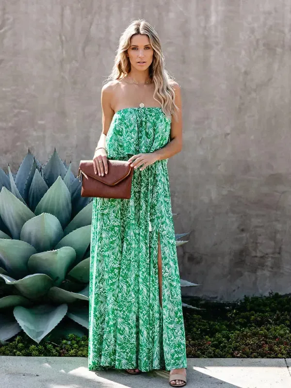 Blue Zone Planet |  Anna's botanical off-the-shoulder ruffled slit maxi dress