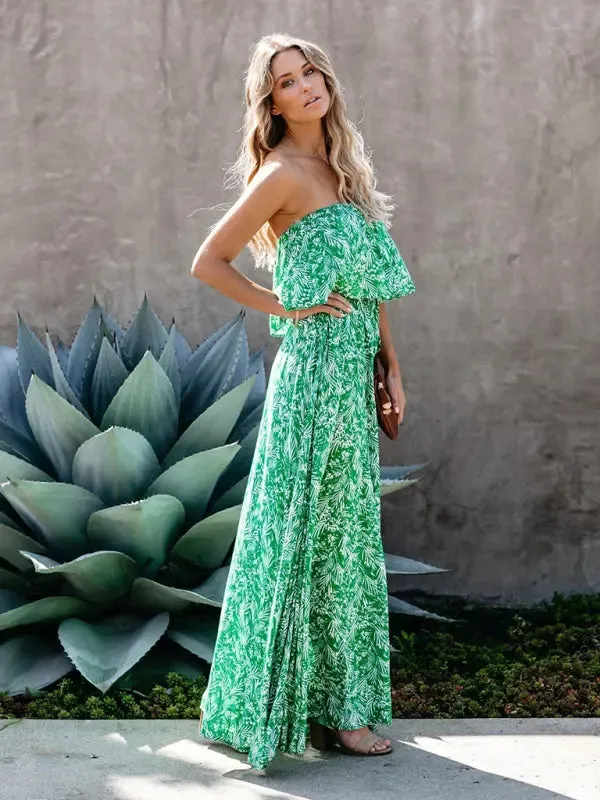 Blue Zone Planet |  Anna's botanical off-the-shoulder ruffled slit maxi dress