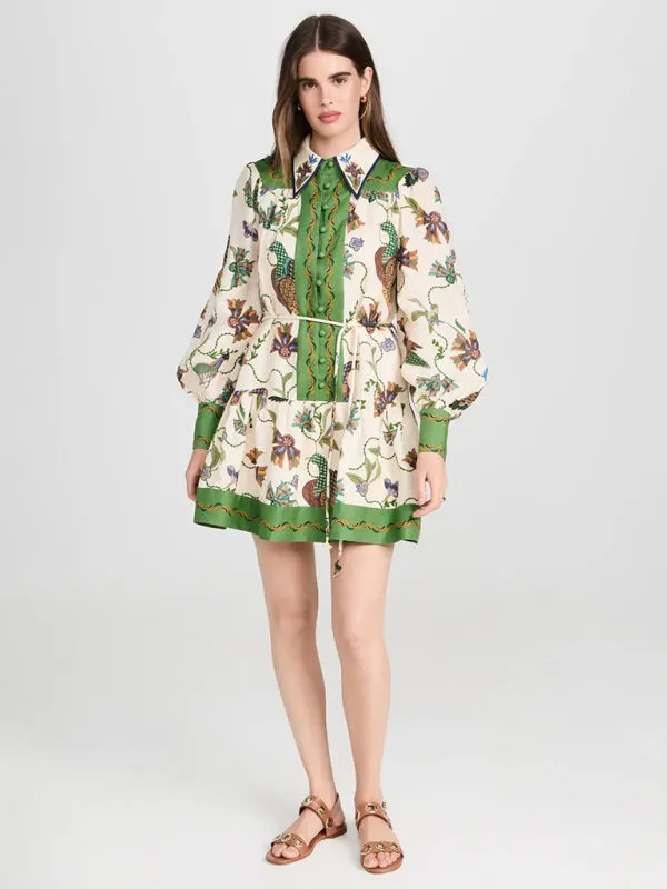 Blue Zone Planet |  Anna's Long-Sleeve Botanical Print Lapel Loose Tie Casual Mini Dress