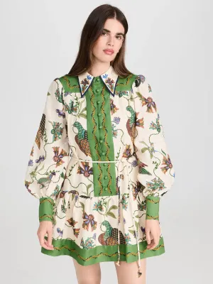 Blue Zone Planet |  Anna's Long-Sleeve Botanical Print Lapel Loose Tie Casual Mini Dress
