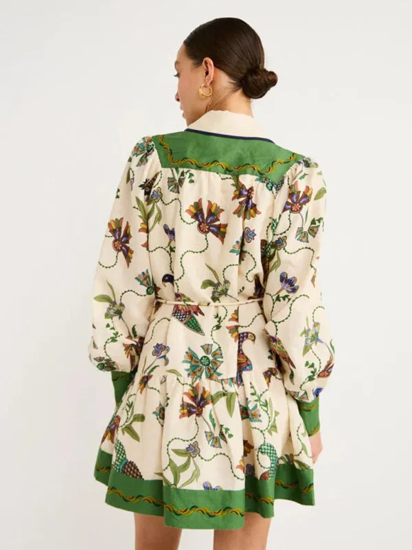 Blue Zone Planet |  Anna's Long-Sleeve Botanical Print Lapel Loose Tie Casual Mini Dress