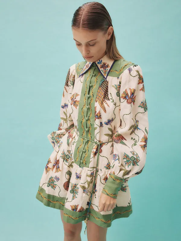Blue Zone Planet |  Anna's Long-Sleeve Botanical Print Lapel Loose Tie Casual Mini Dress