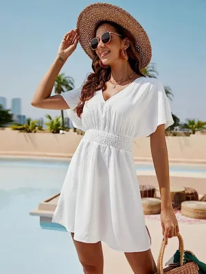 Blue Zone Planet |  Ava Elegance's Smocked V-Neck Short Sleeve Mini Dress