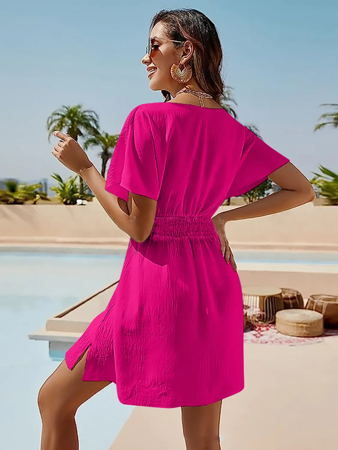 Blue Zone Planet |  Ava Elegance's Smocked V-Neck Short Sleeve Mini Dress