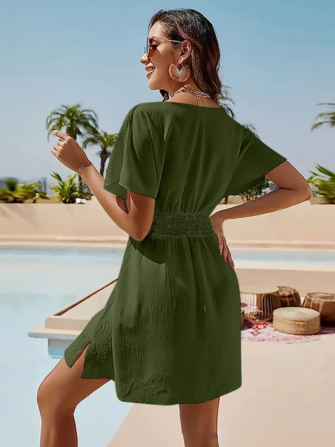 Blue Zone Planet |  Ava Elegance's Smocked V-Neck Short Sleeve Mini Dress