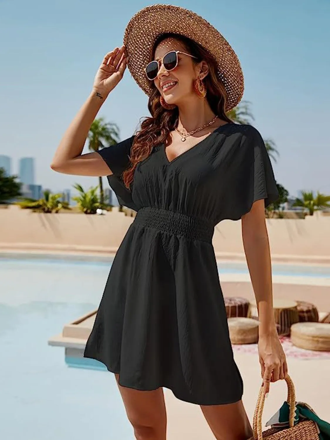 Blue Zone Planet |  Ava Elegance's Smocked V-Neck Short Sleeve Mini Dress