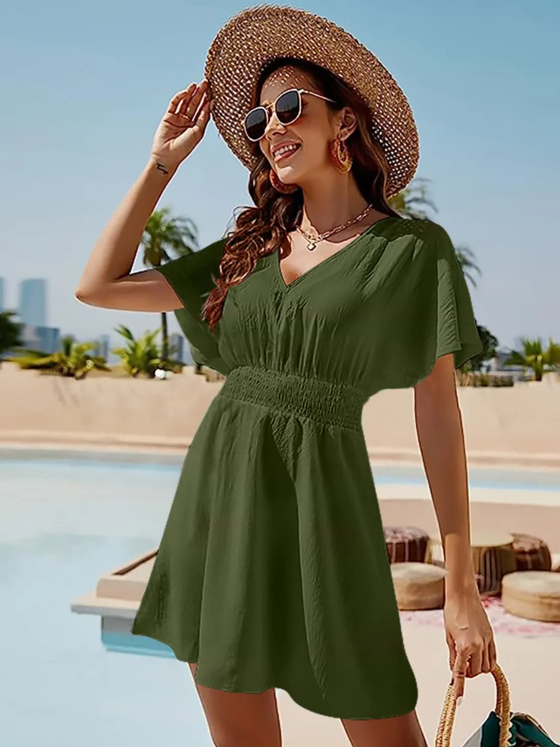 Blue Zone Planet |  Ava Elegance's Smocked V-Neck Short Sleeve Mini Dress