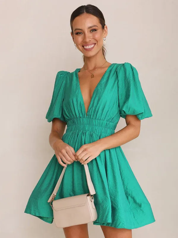 Blue Zone Planet |  Bella's V-Neck Lantern Sleeve Princess Mini Dress