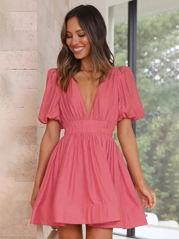 Blue Zone Planet |  Bella's V-Neck Lantern Sleeve Princess Mini Dress