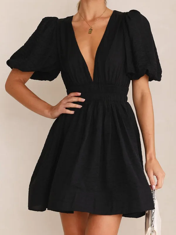 Blue Zone Planet |  Bella's V-Neck Lantern Sleeve Princess Mini Dress