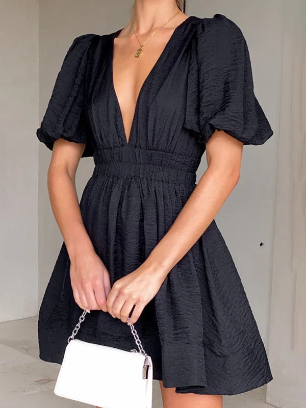 Blue Zone Planet |  Bella's V-Neck Lantern Sleeve Princess Mini Dress