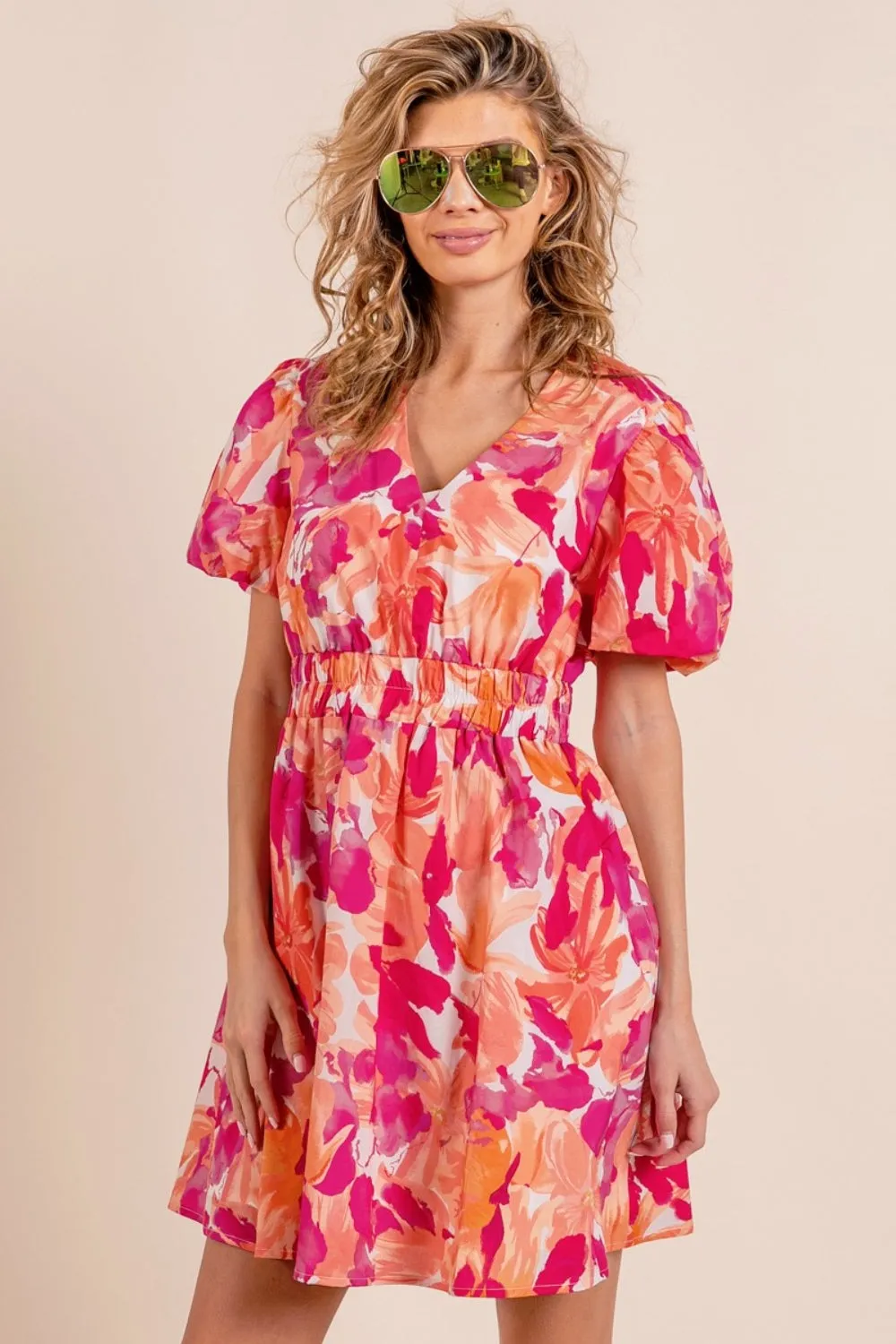 Blue Zone Planet |  BiBi Floral V-Neck Puff Sleeve Mini Dress
