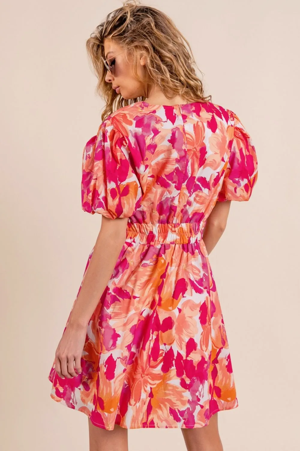 Blue Zone Planet |  BiBi Floral V-Neck Puff Sleeve Mini Dress