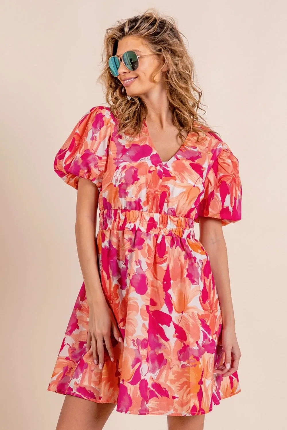 Blue Zone Planet |  BiBi Floral V-Neck Puff Sleeve Mini Dress