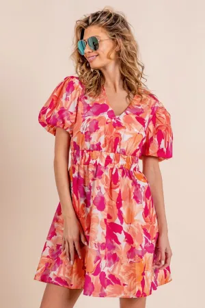Blue Zone Planet |  BiBi Floral V-Neck Puff Sleeve Mini Dress