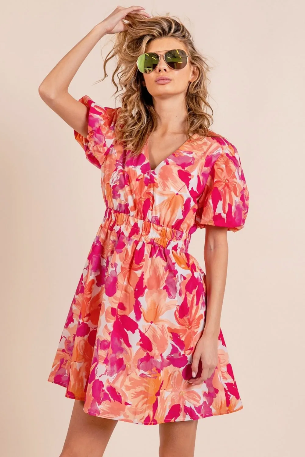Blue Zone Planet |  BiBi Floral V-Neck Puff Sleeve Mini Dress