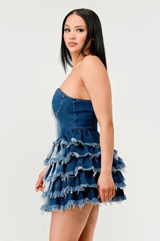 Blue Zone Planet |  Clara's Denim Delight Tiered Ruffle Mini Dress