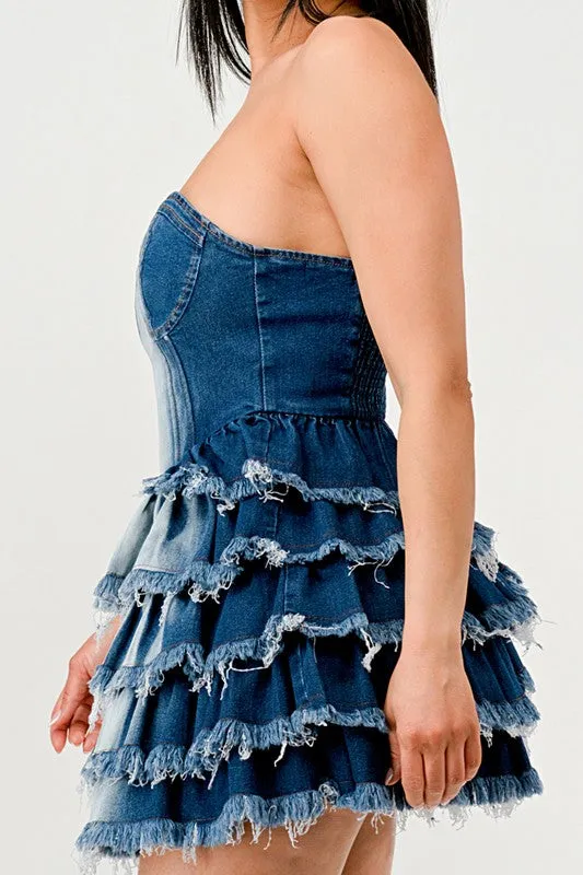 Blue Zone Planet |  Clara's Denim Delight Tiered Ruffle Mini Dress