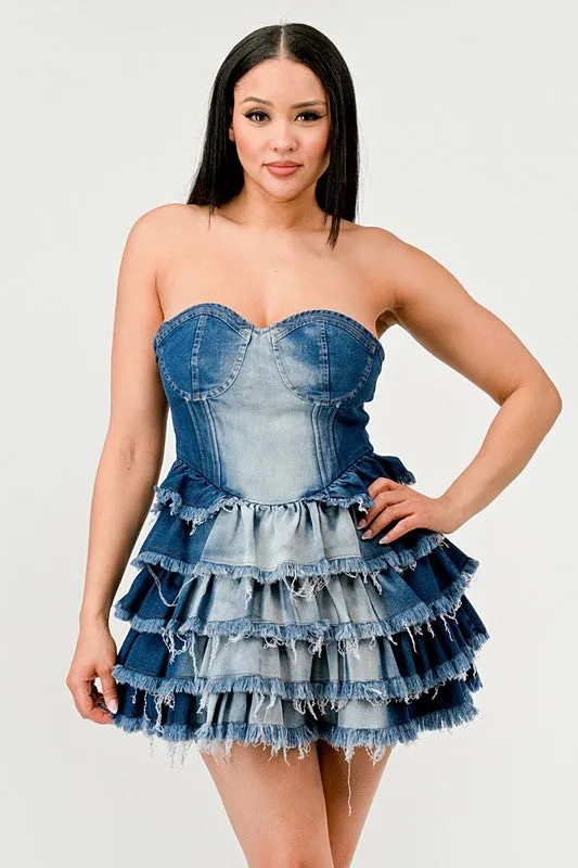 Blue Zone Planet |  Clara's Denim Delight Tiered Ruffle Mini Dress