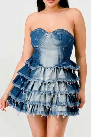 Blue Zone Planet |  Clara's Denim Delight Tiered Ruffle Mini Dress