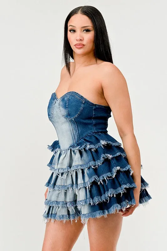 Blue Zone Planet |  Clara's Denim Delight Tiered Ruffle Mini Dress