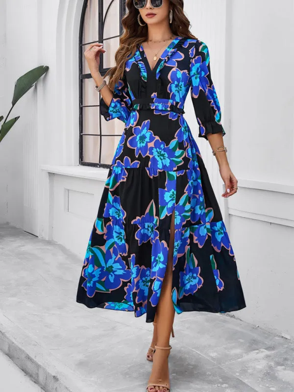 Blue Zone Planet |  Desiree's Floral printed V-neck side slit mini dress