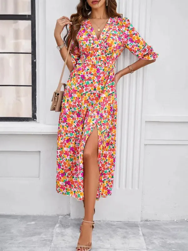 Blue Zone Planet |  Desiree's Floral printed V-neck side slit mini dress