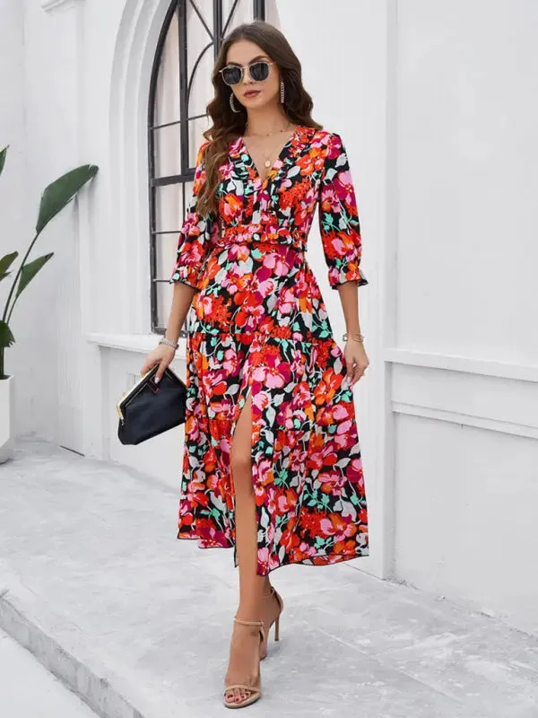 Blue Zone Planet |  Desiree's Floral printed V-neck side slit mini dress
