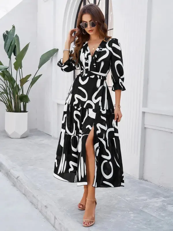 Blue Zone Planet |  Desiree's Floral printed V-neck side slit mini dress