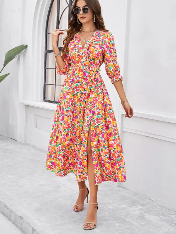 Blue Zone Planet |  Desiree's Floral printed V-neck side slit mini dress