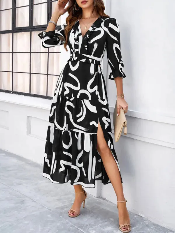 Blue Zone Planet |  Desiree's Floral printed V-neck side slit mini dress