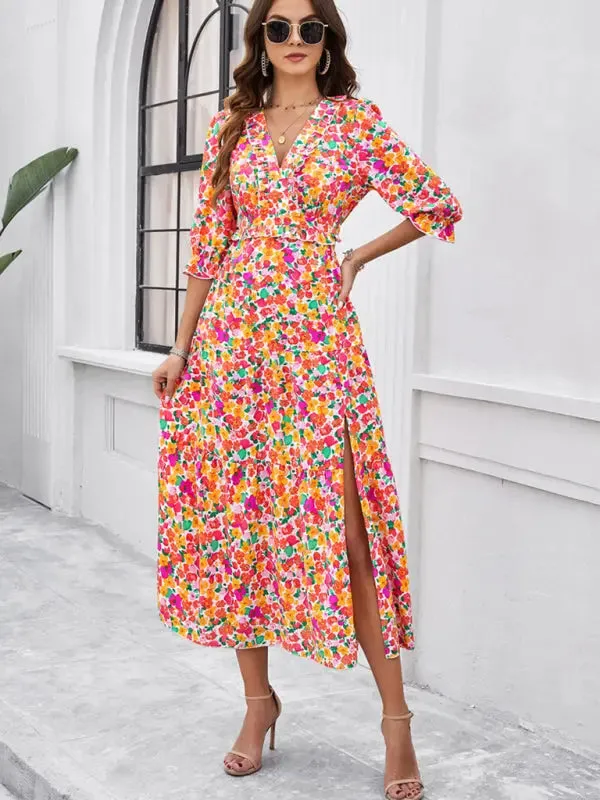 Blue Zone Planet |  Desiree's Floral printed V-neck side slit mini dress