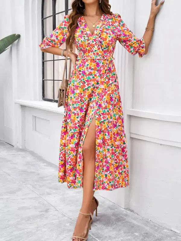 Blue Zone Planet |  Desiree's Floral printed V-neck side slit mini dress
