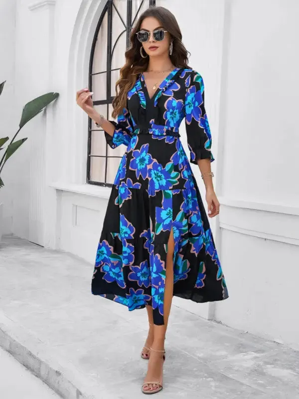 Blue Zone Planet |  Desiree's Floral printed V-neck side slit mini dress
