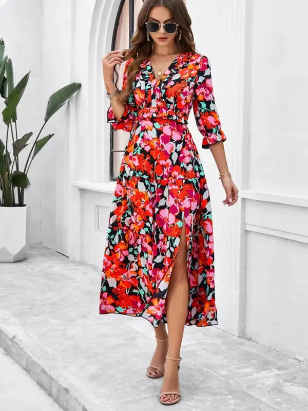 Blue Zone Planet |  Desiree's Floral printed V-neck side slit mini dress