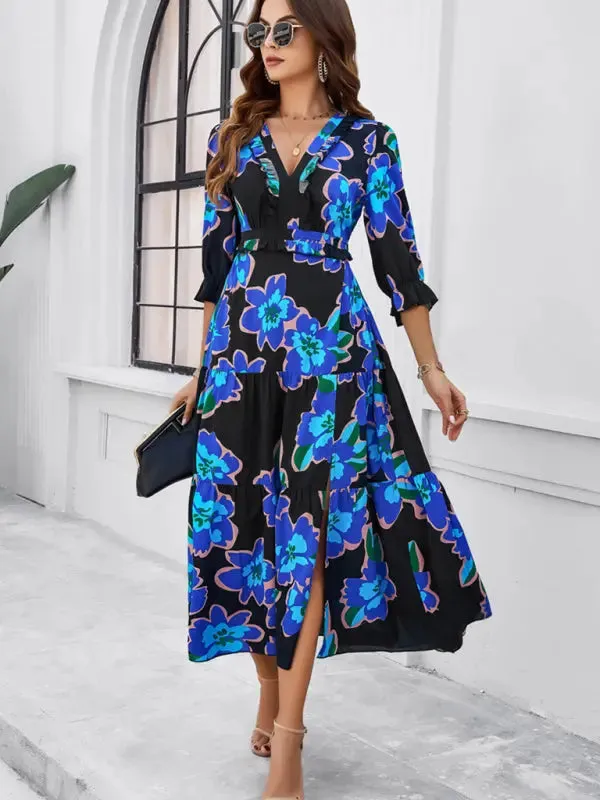 Blue Zone Planet |  Desiree's Floral printed V-neck side slit mini dress