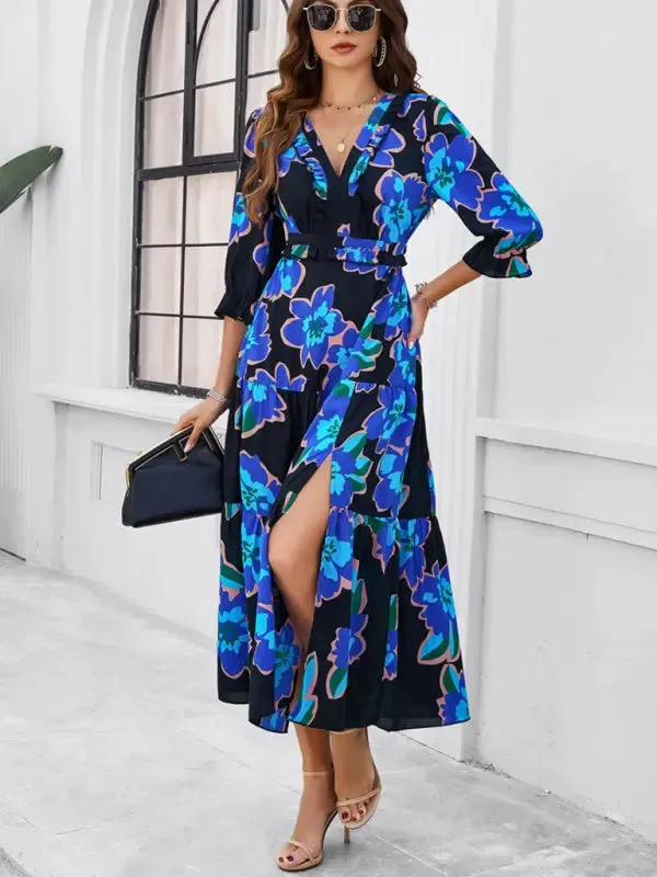Blue Zone Planet |  Desiree's Floral printed V-neck side slit mini dress