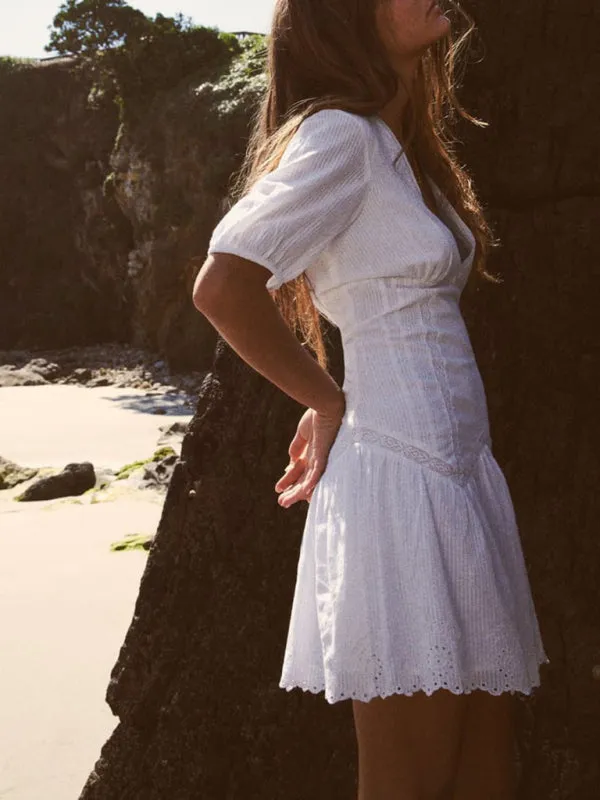 Blue Zone Planet |  French Niche Fluffy Sleeves V-Neck Waist Cut-Out Embroidery Dress