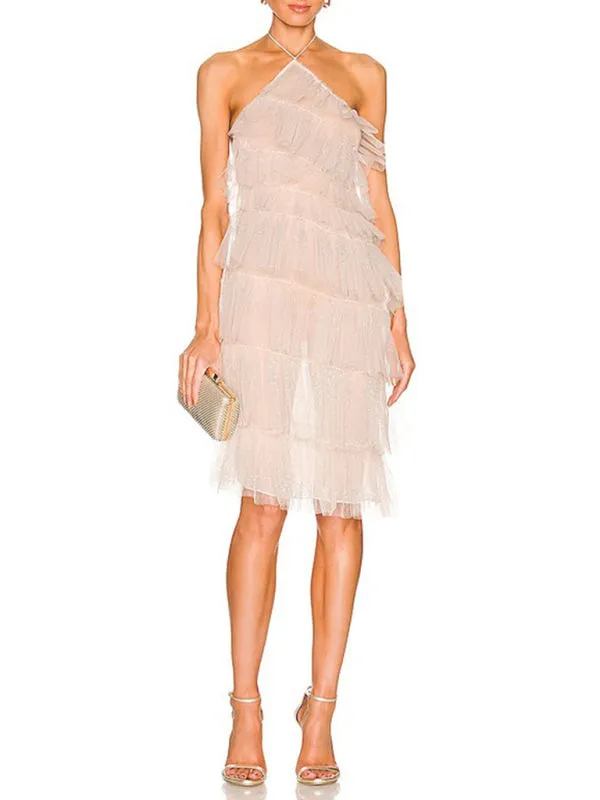 Blue Zone Planet |  Genevieve's French Backless Halter Neck Tiered Knee-Length Mesh Dress