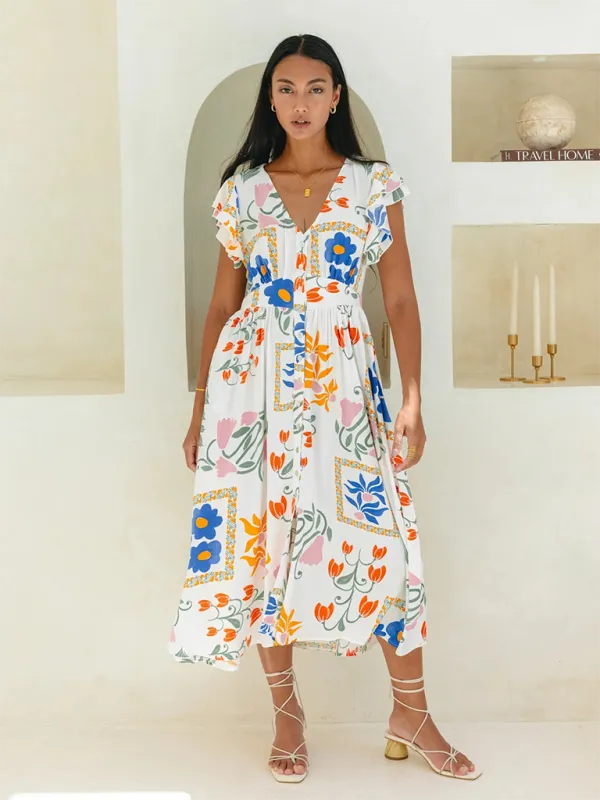 Blue Zone Planet |  Nina's Floral Print Single Breasted Dress