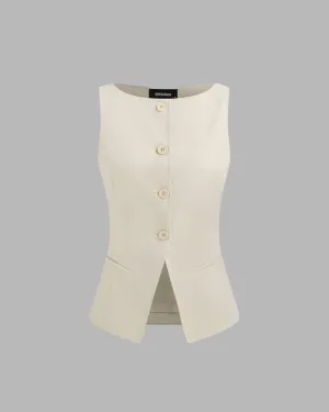 Boat Neck Front Button Beige Vest Jacket Top