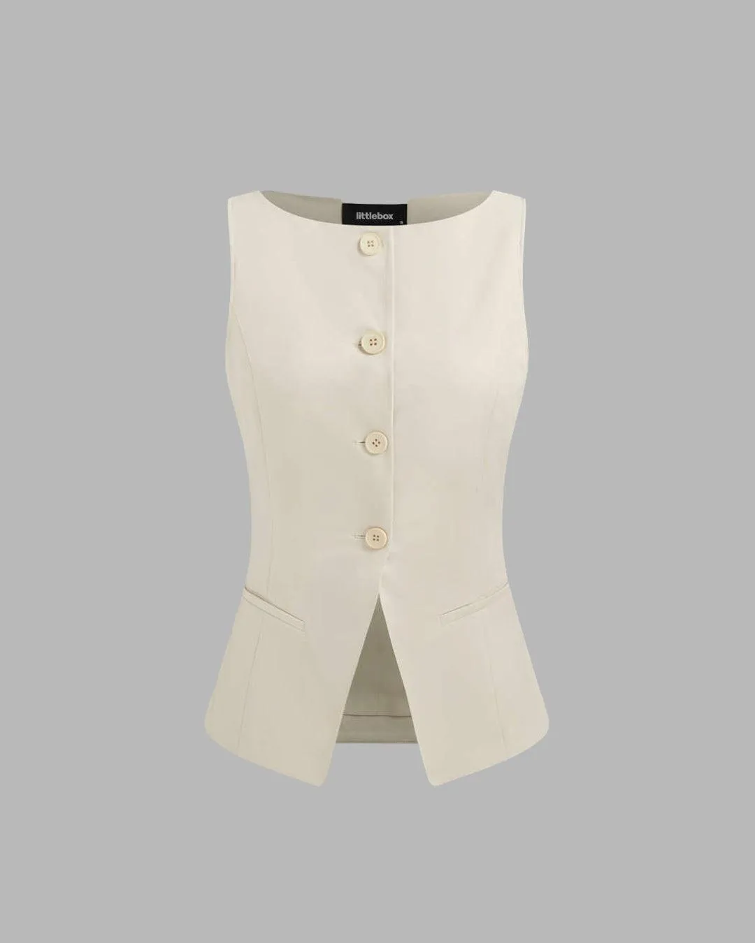 Boat Neck Front Button Beige Vest Jacket Top