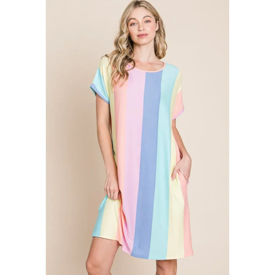 BOMBOM Striped Short Sleeve Dress with Pockets
