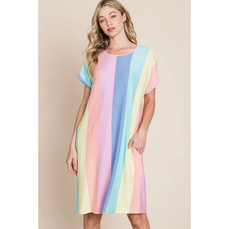 BOMBOM Striped Short Sleeve Dress with Pockets