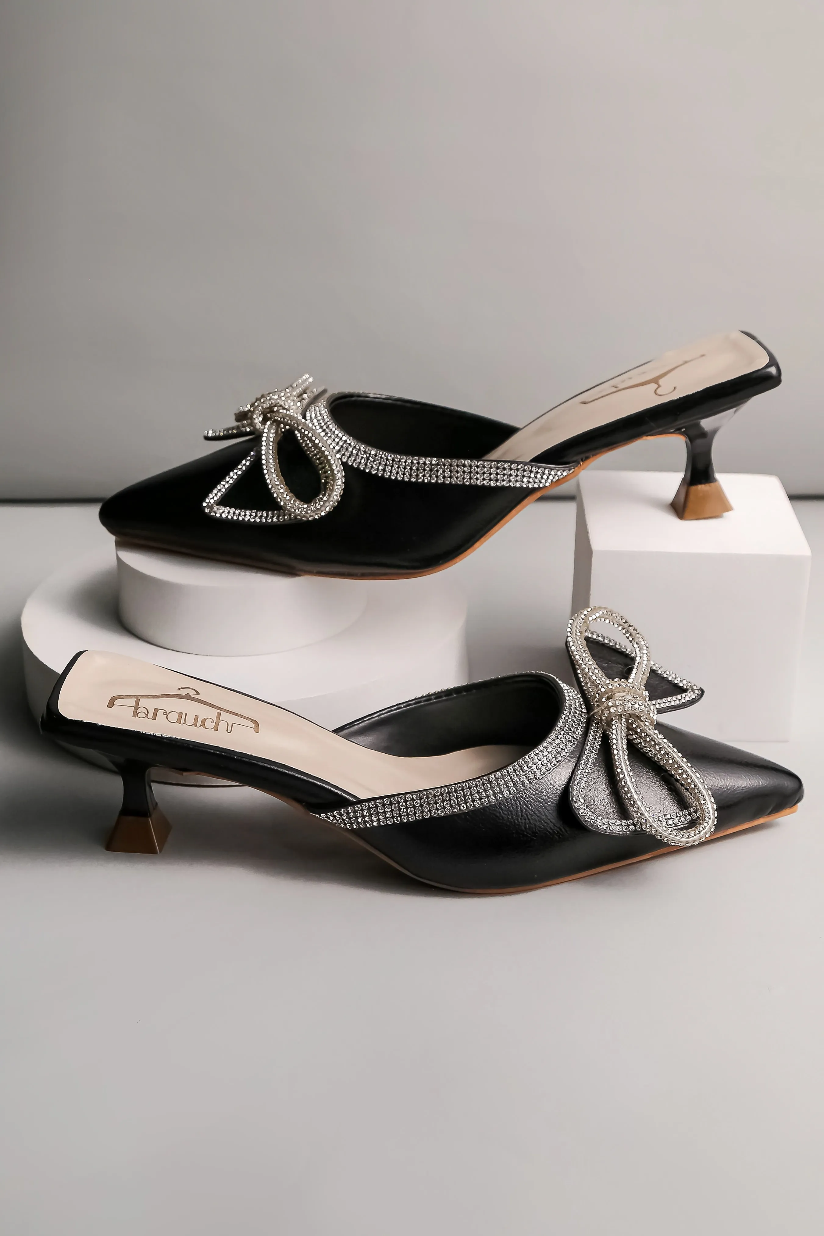 Brauch Black Embellished Rhinestone Bow Kitten Heel Mules