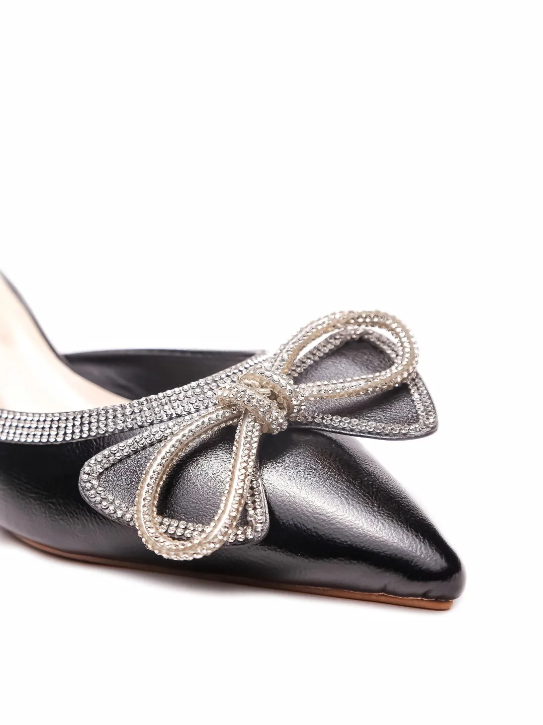 Brauch Black Embellished Rhinestone Bow Kitten Heel Mules